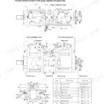 Hyundai R320LC-7 main pump device structure diagram, hydraulic circuit, and port size specification table.