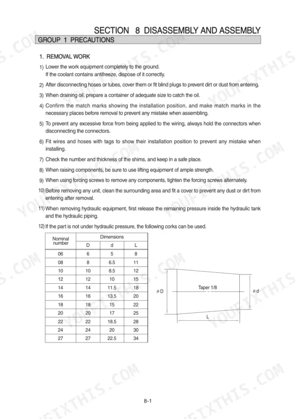 Hyundai R320LC-9, R320NLC-9 disassembly and assembly precautions and cork dimension table with taper diagram.