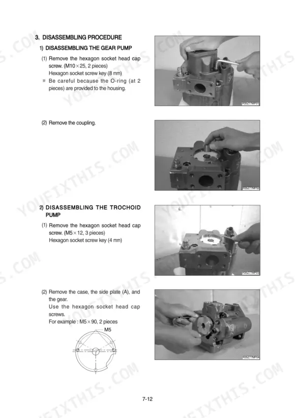 Hyundai R35Z-7 gear pump and trochoid pump disassembly procedure with step-by-step photos and bolt specifications.