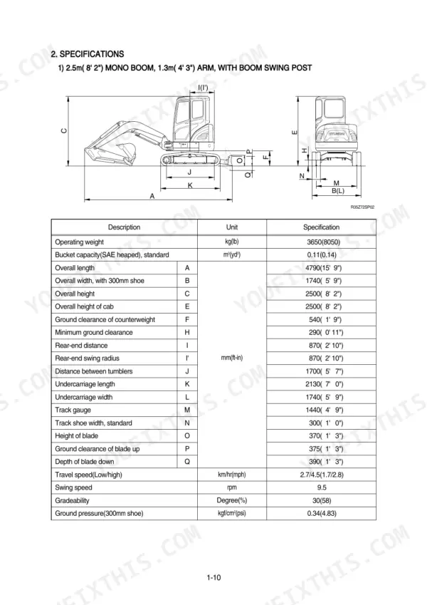 Hyundai R35Z-7 excavator specifications table and dimensional diagram for mono boom and arm configuration.