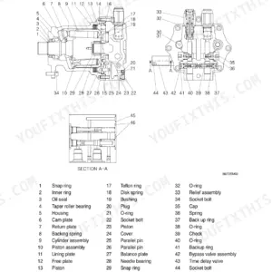 Hyundai R360LC-7 swing motor exploded view diagram and parts list showing internal structure, pistons, and valve assembly.
