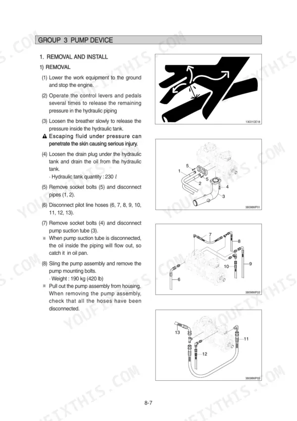 Hyundai R380LC-9 pump device removal and install procedure with exploded view diagrams of suction tubes and pilot hoses.