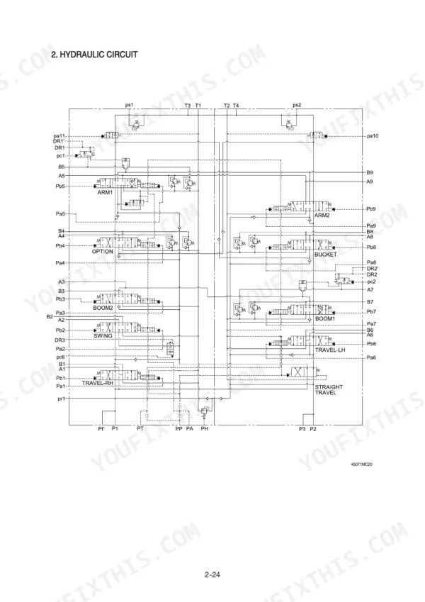 Hyundai R450LC-7 hydraulic circuit diagram showing main control valve ports for boom, arm, bucket, swing, and travel.