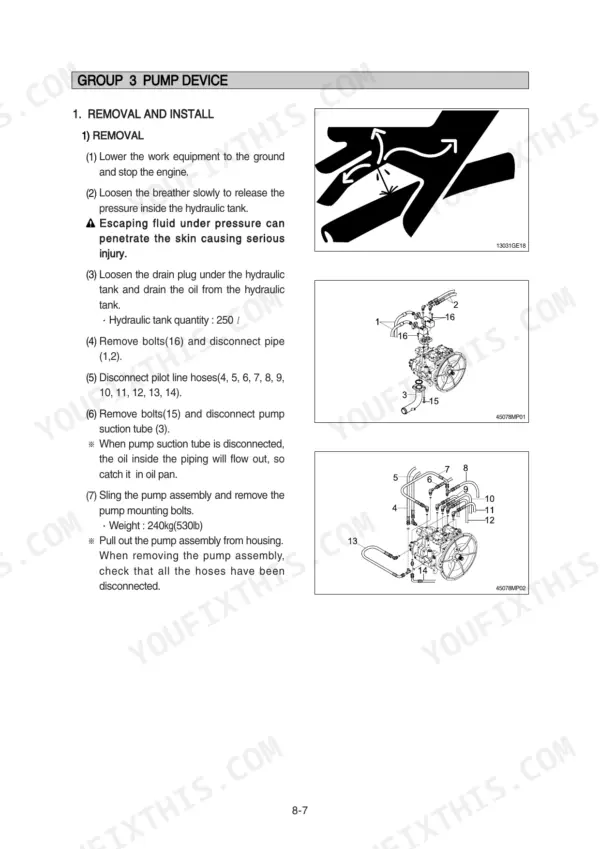Hyundai R450LC-7 pump device removal and install procedure with hydraulic pump component diagrams and hose connections.