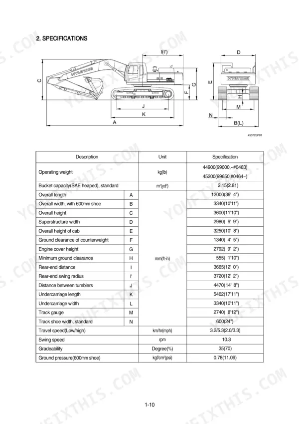 Hyundai R450LC-7 excavator specifications table with dimensional diagram showing operating weight and machine dimensions.
