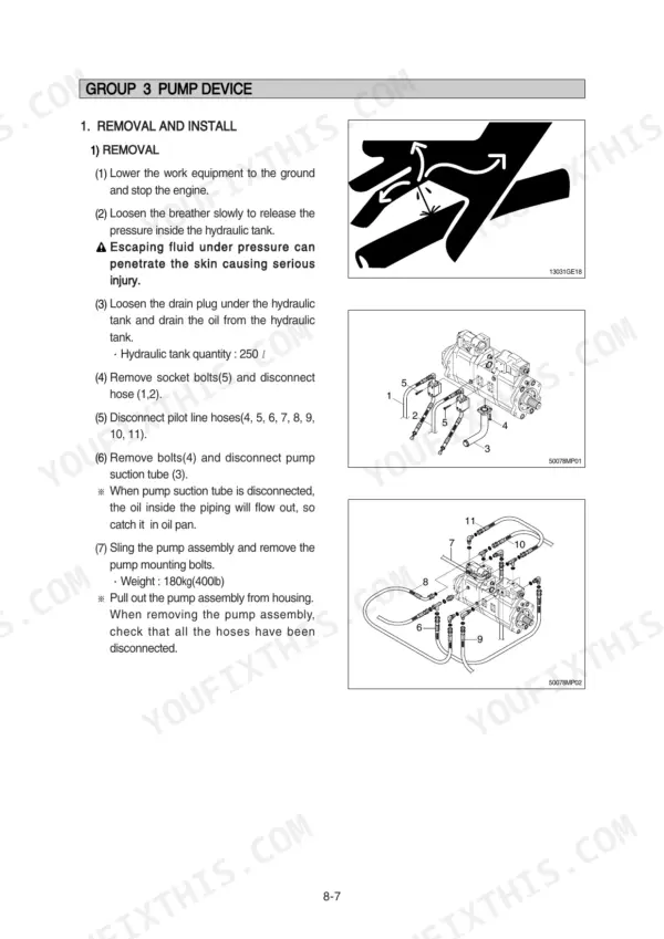 Hyundai R450LC-7A, R500LC-7A pump device removal and installation procedure with hydraulic hose connection diagrams.