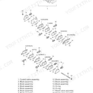 Hyundai Robex 15-7 exploded view of the main control valve assembly, including block, relief valve, and O-ring components.