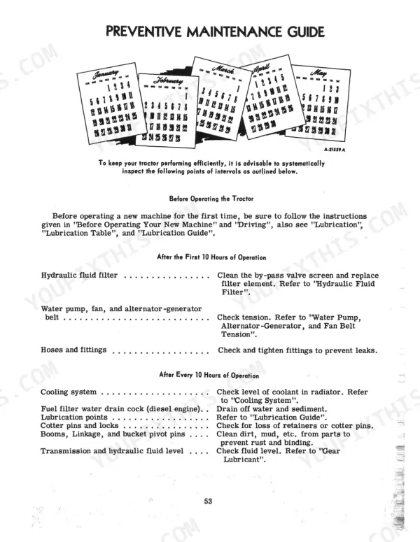 International Harvester 3500 Series A Loader Tractor preventive maintenance guide for 10-hour service intervals.