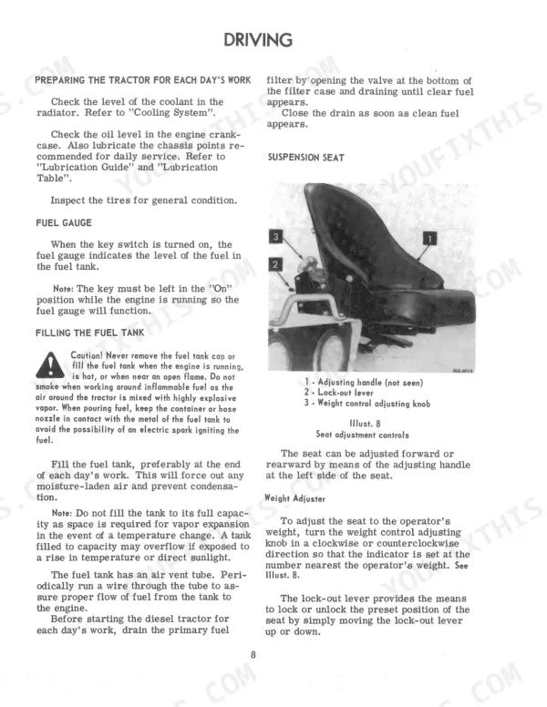 International Harvester 3500 Series A tractor manual: daily checks, fuel tank procedures, and suspension seat adjustments.