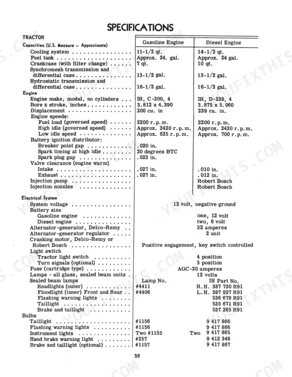 International Harvester 3500 Series A Loader Tractor specifications table for engine and electrical.