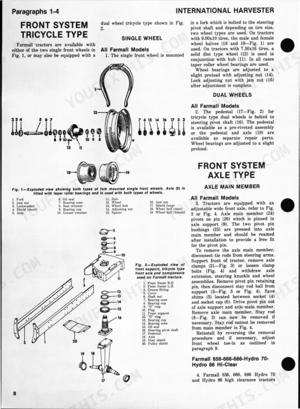 International Harvester 544, 656, 666, 686, Hydro 70, Hydro 86 exploded views of front tricycle and axle systems.