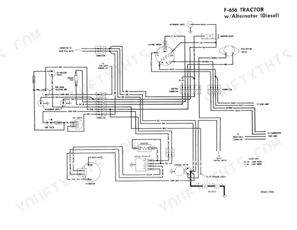 International Harvester 544, 656, 666, 686, Hydro 70, Hydro 86 diesel tractor electrical wiring diagram with alternator.