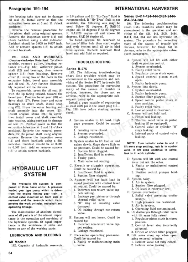 International Harvester B-275, B-414, 354, 364, 384, 424, 444, 2424, 2444 hydraulic lift system troubleshooting and repair guide.