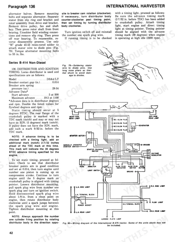International Harvester B-275, B-414, 354, 364, 384, 424, 444, 2424, 2444 distributor timing specs and electrical wiring diagram