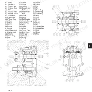 Iseki TG5330, TG5390, TG5470 hydrostatic transmission exploded view diagram and component parts list.