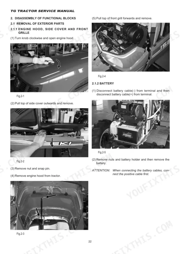 Iseki TG5330, TG5390, TG5470 service manual: engine hood, side cover, front grille, and battery removal procedures.