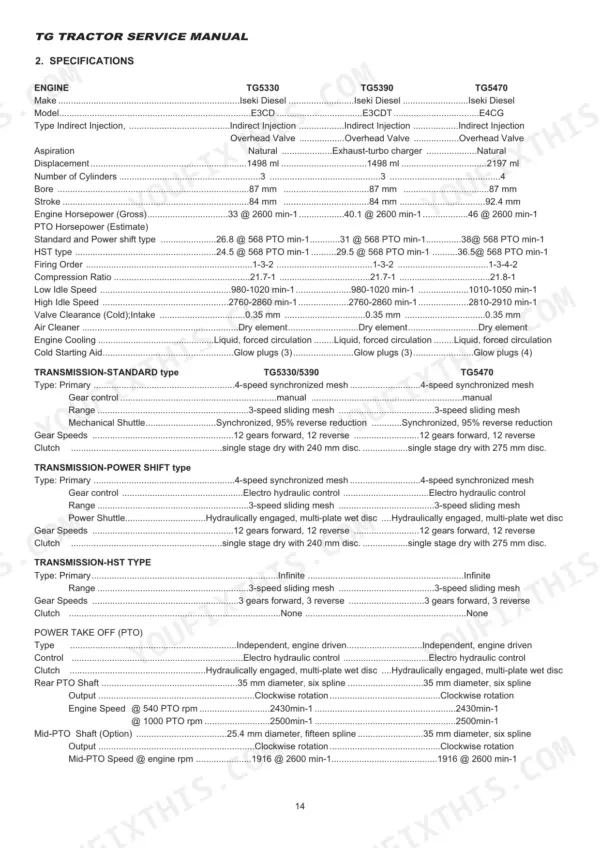 Iseki TG5330, TG5390, TG5470 service manual specifications table for engine, transmission, and PTO systems.