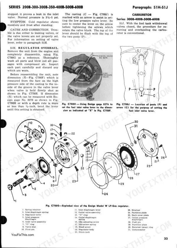 J. I. Case 200B, 300, 300B, 350, 400B, 500B, 600B exploded view and regulator overhaul procedures for Ensign LP-Gas regulator.