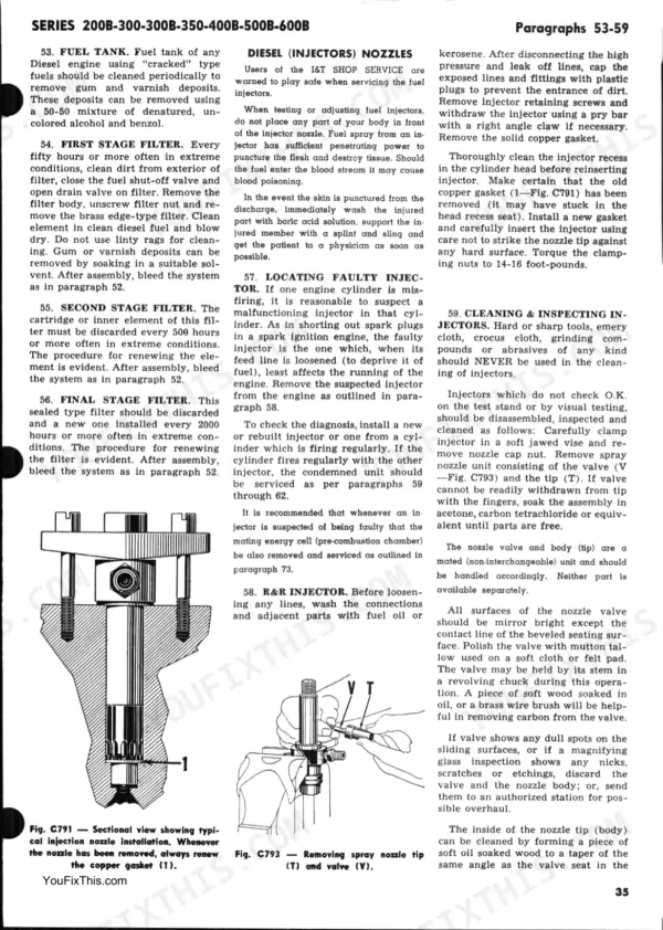 J. I. Case 200B, 300, 300B, 350, 400B, 500B, 600B manual: fuel tank, filter, and diesel injector removal and cleaning procedures.