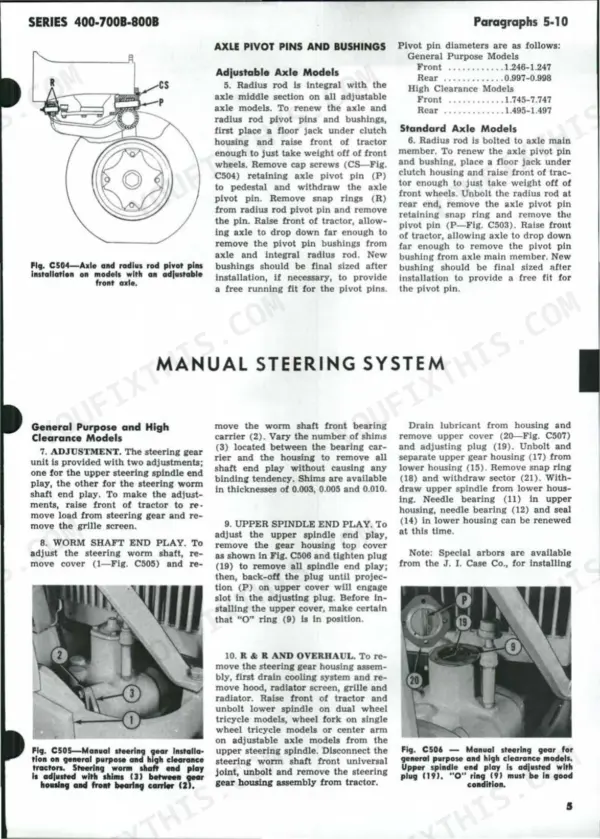 J.i.case 400-815B manual: Axle pivot pin, bushing replacement, and manual steering gear adjustment procedures and diagrams.