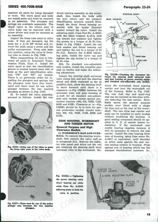 J.i.case 400-815B manual: Power steering valve assembly, wormshaft overhaul, and torque specifications for gear housing.