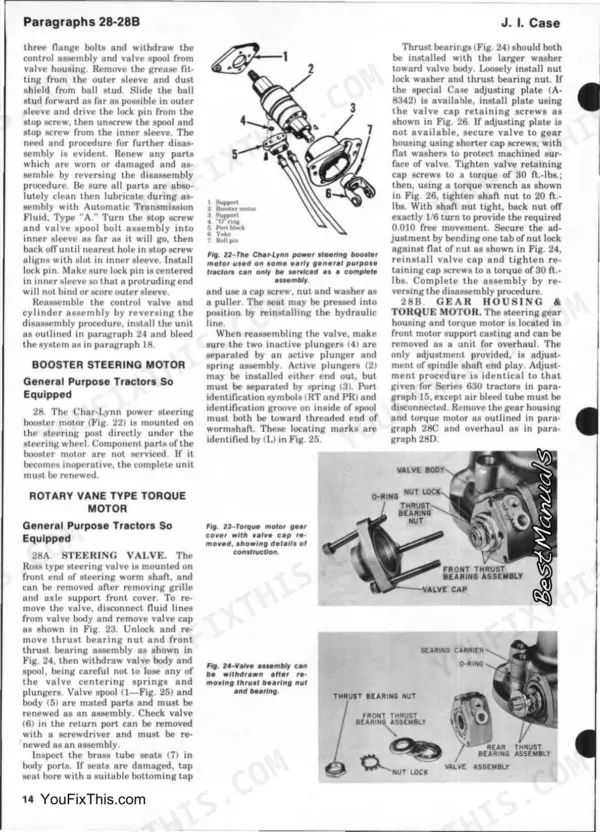 J. I. Case 430-440-470-530-540-570-630-640, 430, 431, 440, 441, 470, 530, 530C, 531, 5 service manual: Char-Lynn power steering booster motor and Ross steering valve repair procedures.