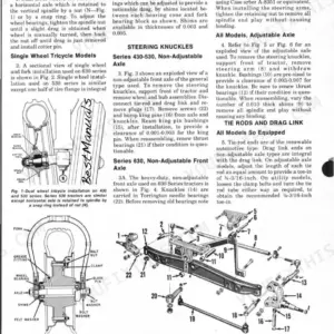 J. I. Case 430-640 manual: Front system procedures, tricycle axle, steering knuckles, and non-adjustable front axle diagrams.