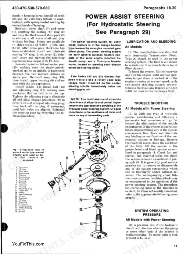 J. I. Case 430-440-470-530-540-570-630-640, 430, 431, 440, 441, 470, 530, 530C, 531, 5 manual exploded view of power steering gear.