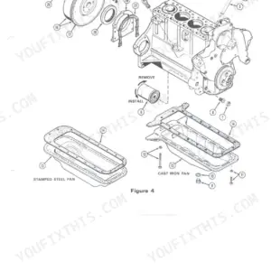 J I Case 450 CRAWLER engine block, flywheel, oil pan, and dry clutch exploded view diagram.