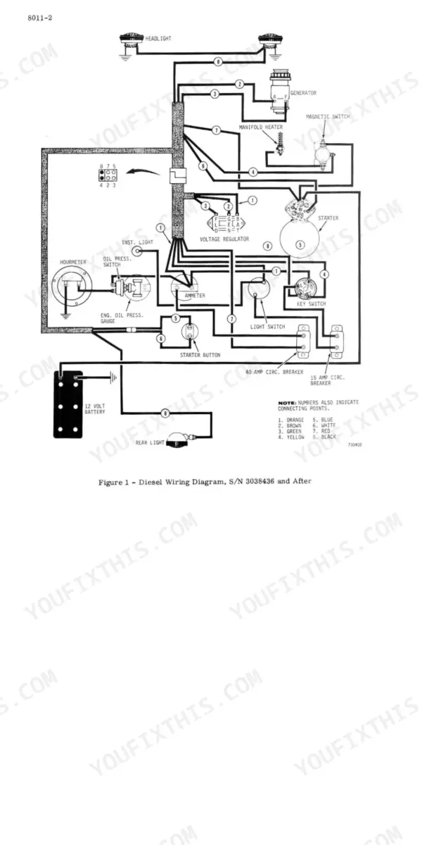 J I Case 450 CRAWLER diesel electrical wiring diagram showing battery, starter, voltage regulator, and circuit breakers.
