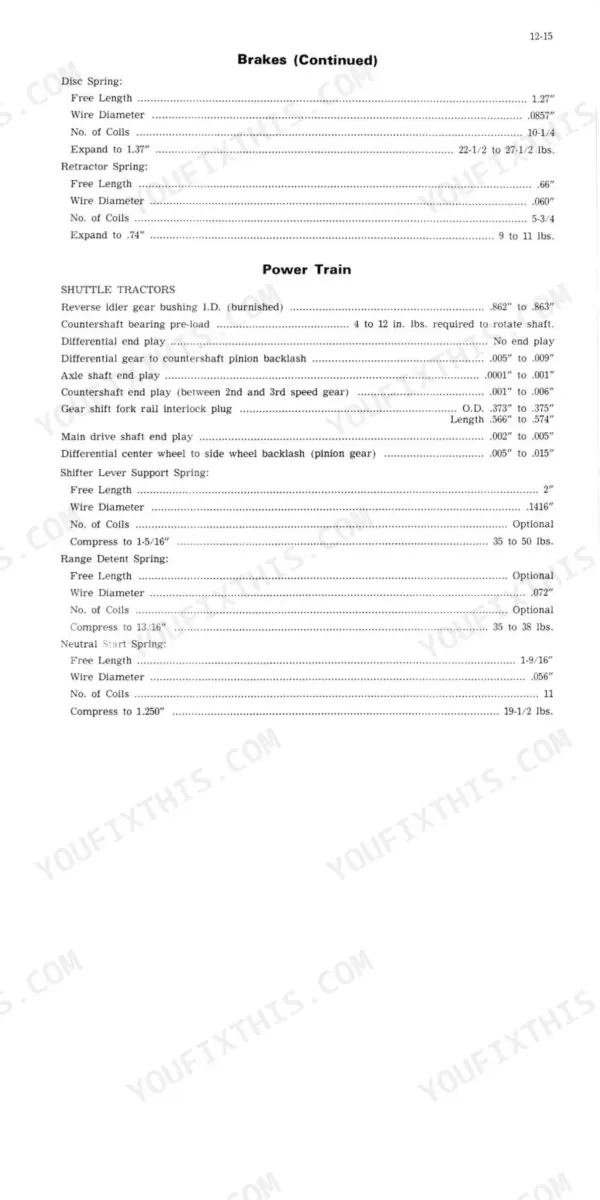 J I Case 450 CRAWLER service manual page showing brake and power train technical specifications and clearance data.