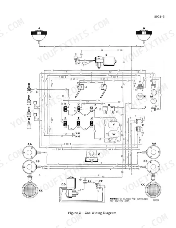 J I Case 480C, 480C LOADER BACKHOE cab electrical wiring diagram showing lights, switches, and motor connections.