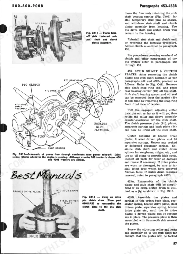 J.i. Case 500 Diesel, 600 Diesel, 600 LP-Gas, 900B Diesel, 900B LP-Gas, 500-600-900B PTO clutch and stub shaft repair procedures.