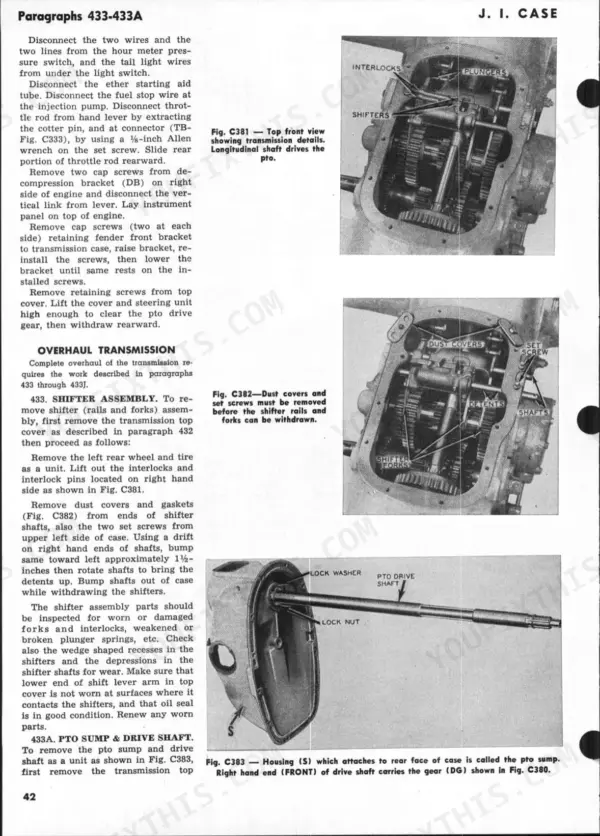 J.i. Case 500-600-900B manual: procedures for transmission overhaul, shifter assembly removal, and PTO drive shaft maintenance.