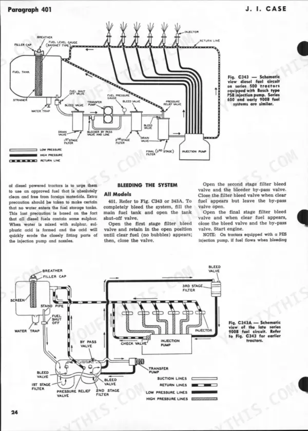 J.i. Case 500 Diesel, 600 Diesel, 600 LP-Gas, 900B Diesel, 900B LP-Gas, 500-600-900B fuel system diagrams and bleeding procedures.