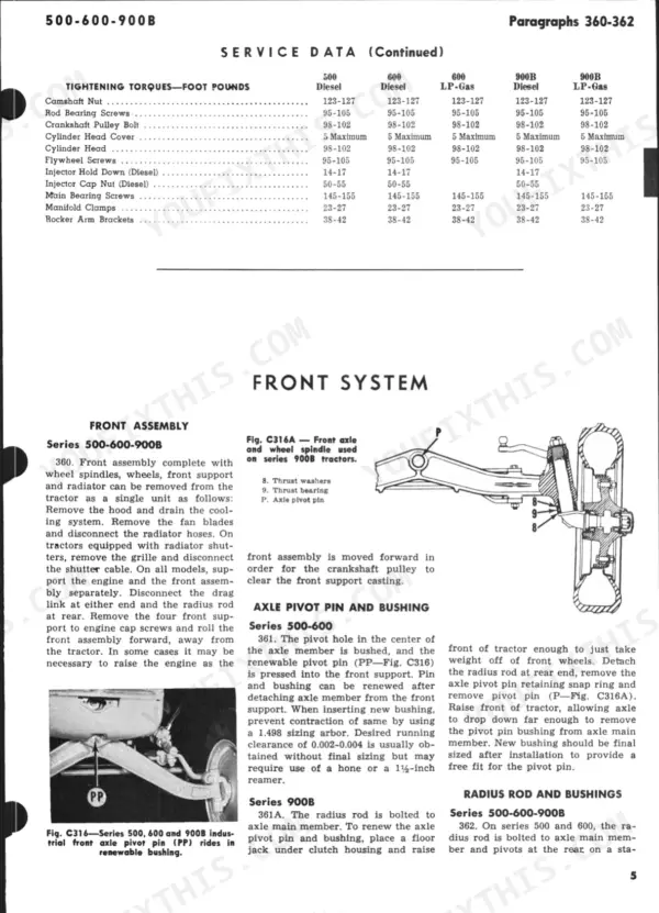 J.i. Case 500 Diesel, 600 Diesel, 600 LP-Gas, 900B Diesel, 900B LP-Gas, 500-600-900B torque specs table and front axle repair procedures.