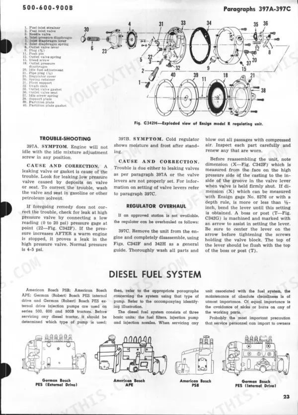 J.i. Case 500 Diesel, 600 Diesel, 600 LP-Gas, 900B Diesel, 900B LP-Gas, 500-600-900B exploded view of Ensign model R regulator unit.