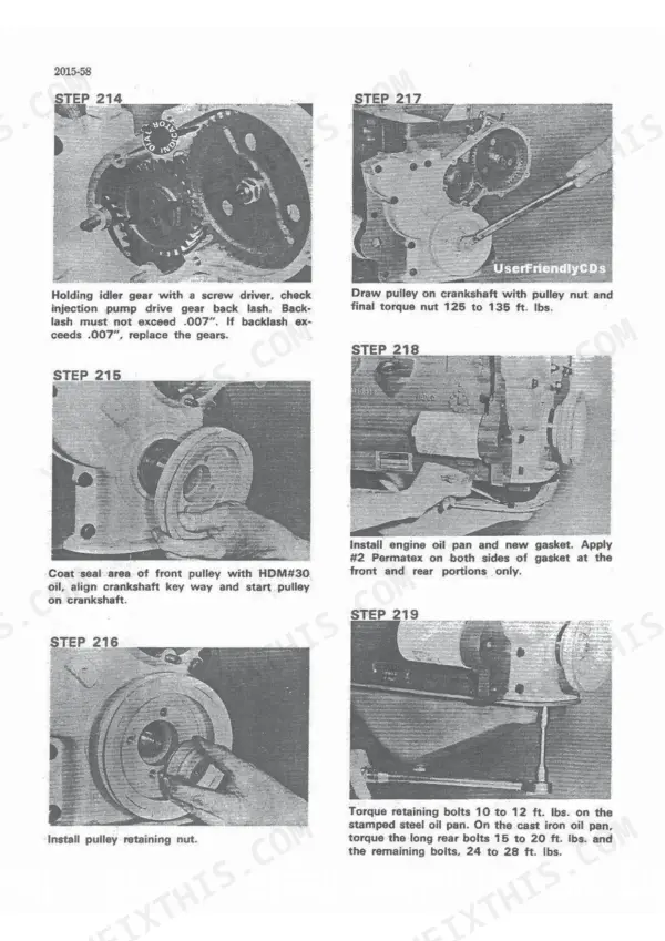 J I Case 580C Loader Backhoe engine assembly procedures for crankshaft pulley, oil pan installation, and gear backlash.