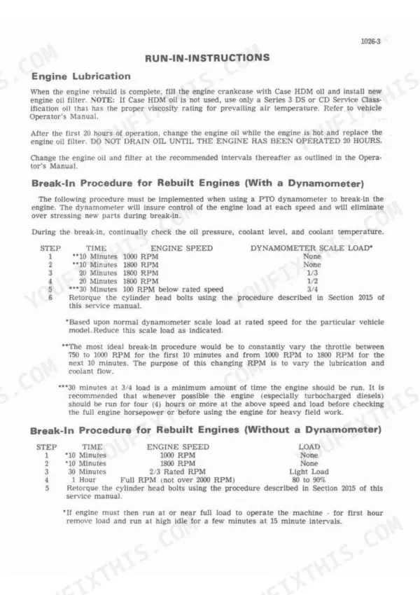 J I Case 580C Loader Backhoe engine run-in instructions, break-in procedures with and without a dynamometer.