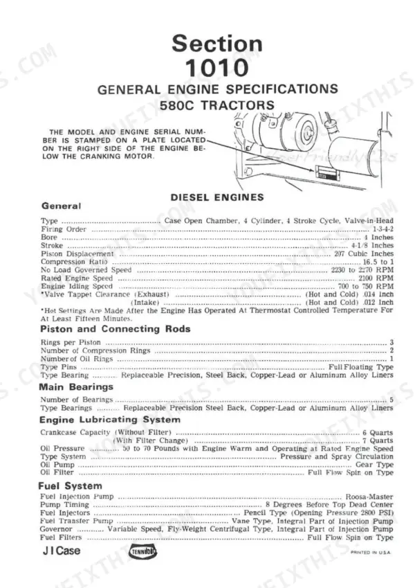 J I Case 580C Loader Backhoe general engine specifications table including piston, bearing, lubrication, and fuel system data.