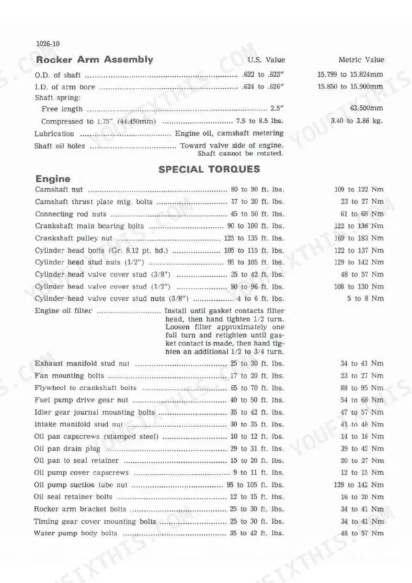 J I Case 580C Loader Backhoe rocker arm assembly specifications and engine component torque values table.
