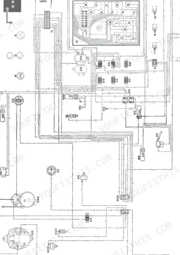 J I Case 580C Loader Backhoe electrical wiring diagram showing instrument cluster, fuse blocks, and component connectors.