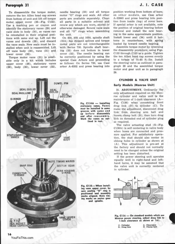 J. I. Case 730, 830, 930, 1030 torque motor disassembly, vane body, and Monroe power steering adjustment procedures.