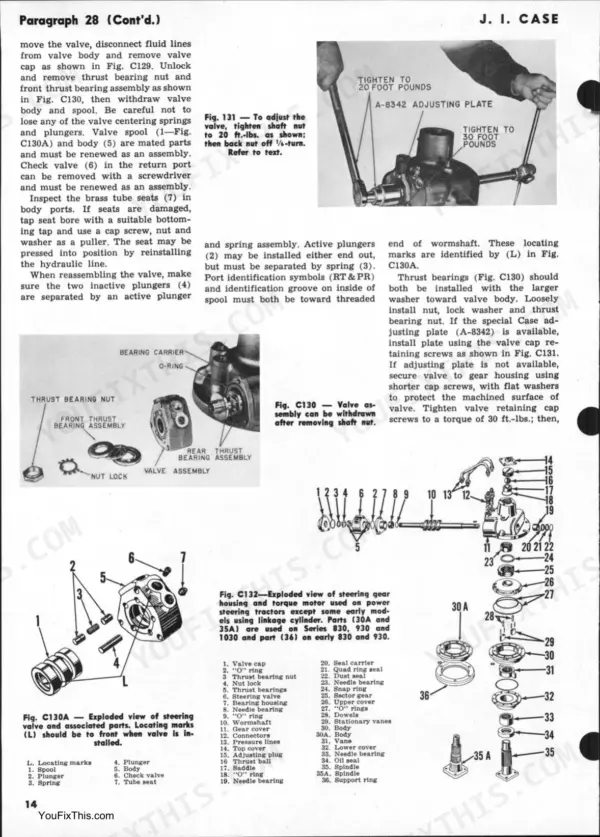 J. I. Case 730, 830, 930, 1030 steering gear valve assembly, exploded views, and torque adjustment procedures.