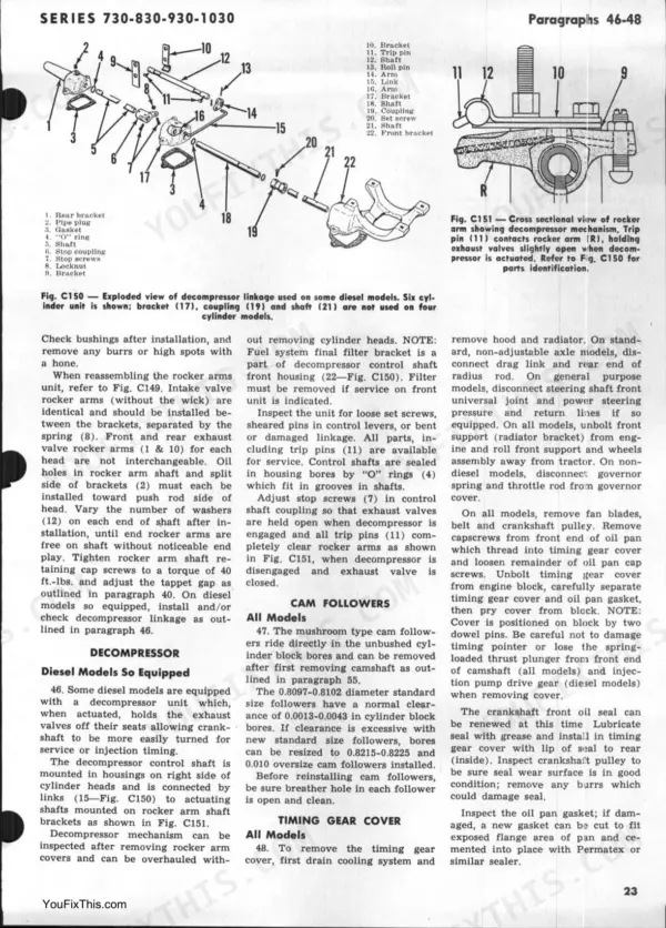 J. I. Case 730, 830, 930, 1030 exploded view of decompressor linkage, rocker arm cross-section, and service procedures.