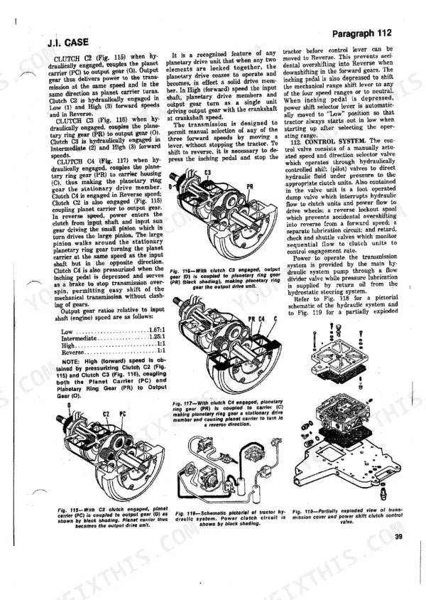 J.i. Case 770, 870, 970, 1070, 1090, 1170, 1175 transmission clutch diagrams, control system description, and valve exploded view.