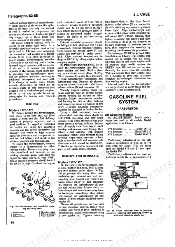J.i. Case 770, 870, 970, 1070, 1090, 1170, 1175 turbocharger testing, removal, and Zenith carburetor adjustment