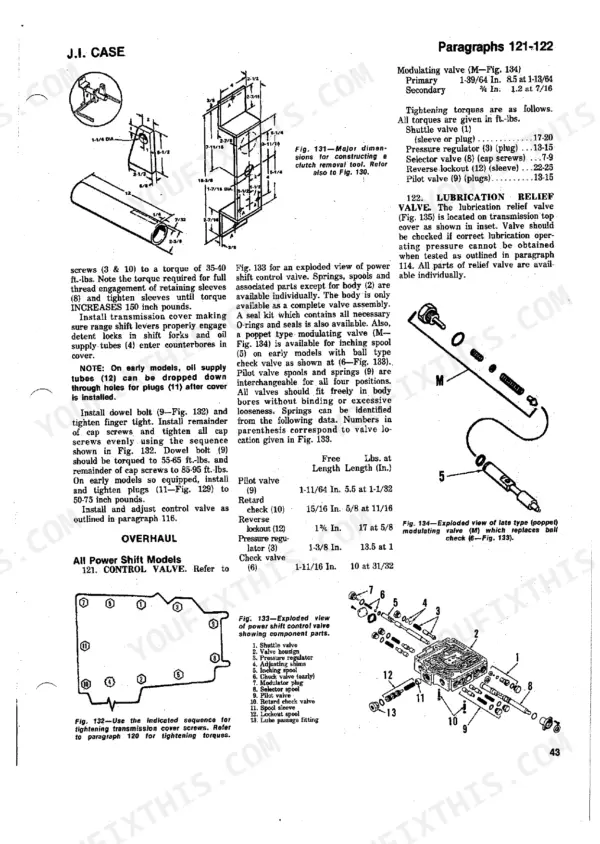 J.i. Case 770, 870, 970, 1070, 1090, 1170, 1175 power shift control valve exploded views, torque specs, and adjustment procedures.