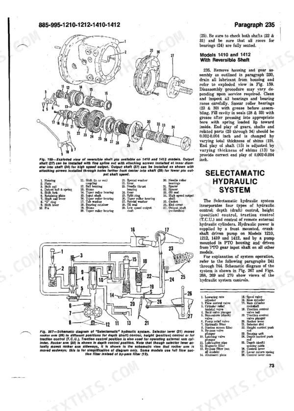 Ji Case / David Brown 885, 885N, 995, 1210, 1212, 1410, 1412 exploded view of reversible PTO shaft and Selectamatic hydraulic system