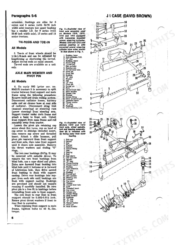 Ji Case / David Brown 885, 885N, 995, 1210, 1212, 1410, 1412 exploded view of front axle, tie-rod, and pivot pin assembly.